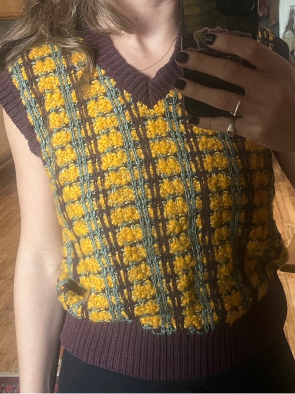 Zara Yellow and Brown Textured Knit V-Neck Sweater Vest